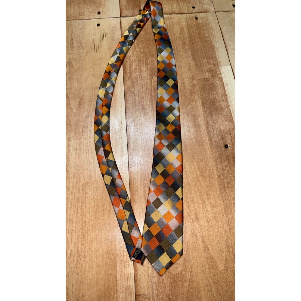 Hand Made 100% Silk Men Tie Orange Grey Yellow Harlequin Diamond Geometric Retro